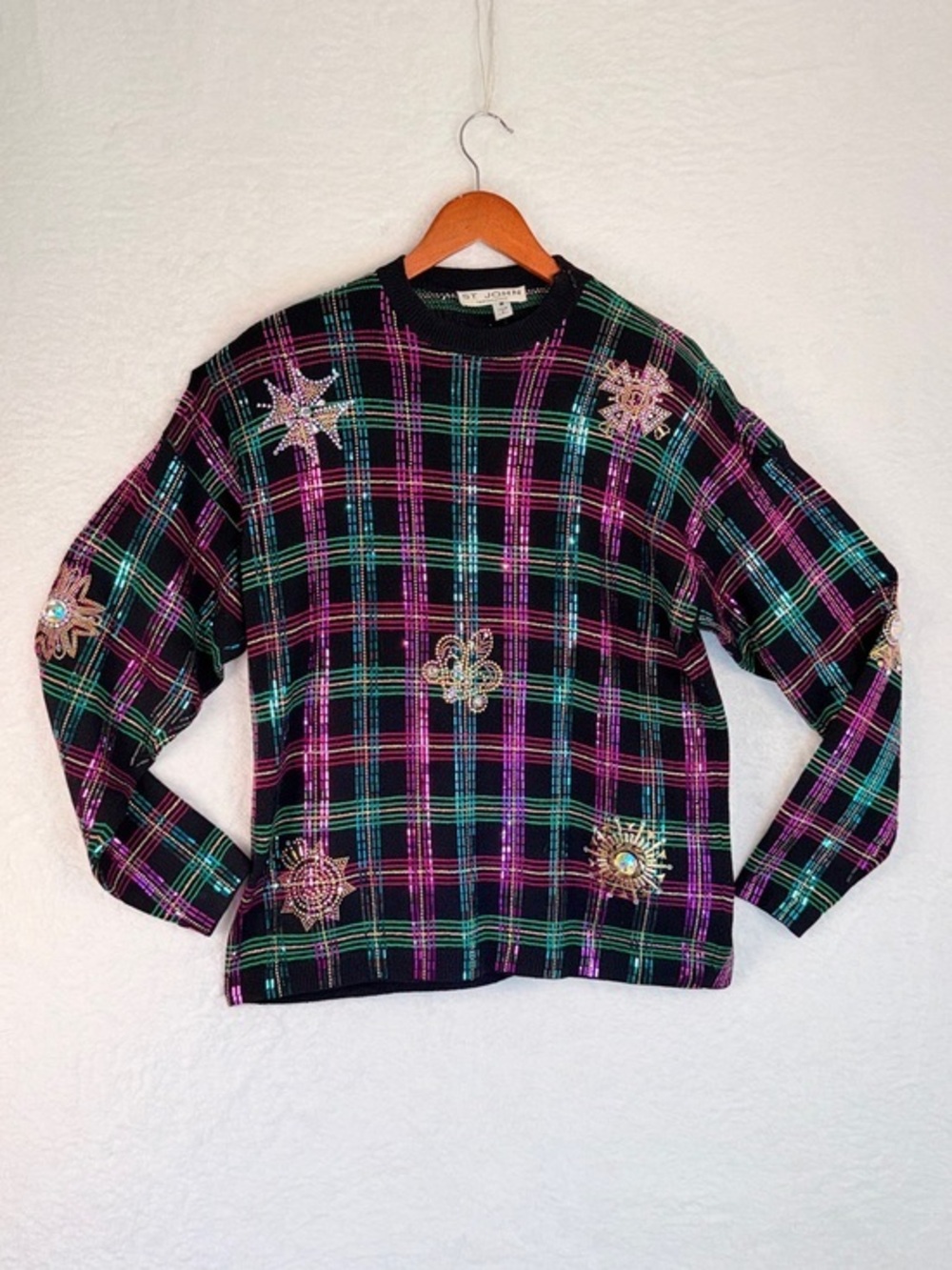 St. John vintage black plaid knit sweater featuring colorful sequins Size Med